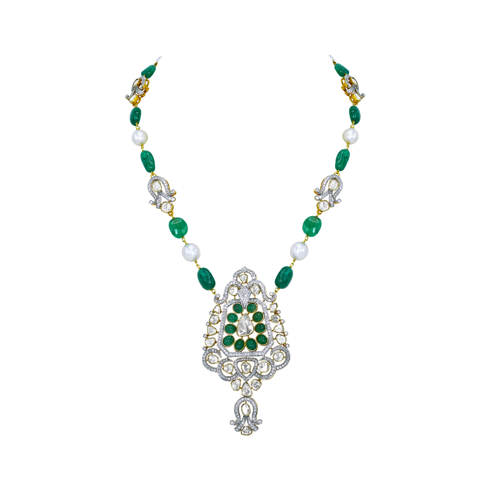 Emerald and Pearl Necklace with Diamond Motifs and Pendant